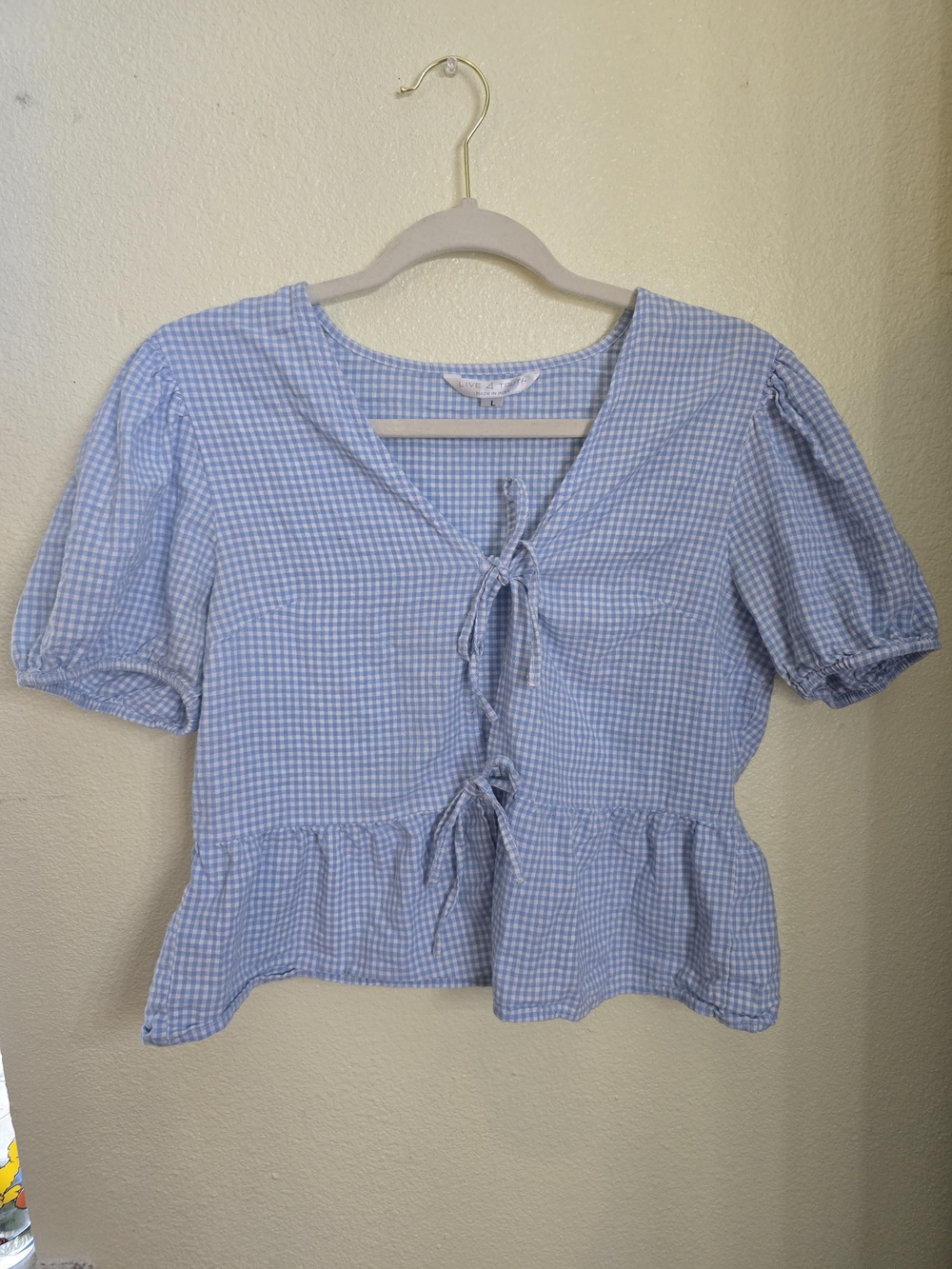 Live 4 Truth Light Blue Gingham Tie-Front Peplum Blouse